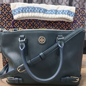 Tory Burch Robinson Saffiano Leather Green with Blue Trim Crossbody